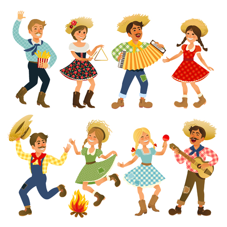 Festa Junina Brazil June Festival. Folklore Holiday. Characters. Vector Illustration.のイラスト素材