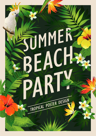 Summer beach party poster design template with palm trees, banner tropical background. Vector illustration.のイラスト素材