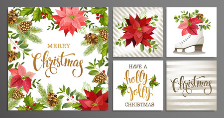 Merry Christmas and Happy Template Set for Greeting Scrapbook, congratulations, invitations, banner, stickers, postcards. Vector illustrationのイラスト素材
