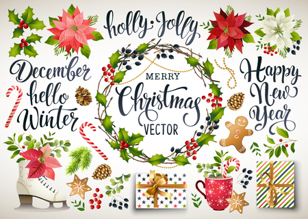 Christmas set design composition of poinsettia, fir branches, cones, holly and other plants. Cover, invitation, banner, greeting card. Vector illustration.のイラスト素材