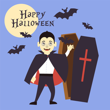 A boy dressed as a vampire reaches out to the tomb. Bats fly. Vector illustration.のイラスト素材