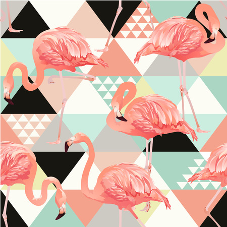 Exotic beach trendy seamless pattern, patchwork illustrated floral vector tropical banana leaves. Jungle pink flamingos. Wallpaper print background.のイラスト素材
