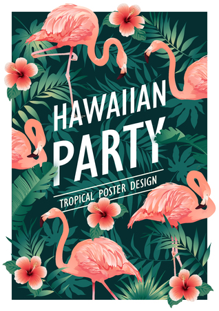 Hawaiian party. Vector illustration of tropical birds, flowers, leavesのイラスト素材