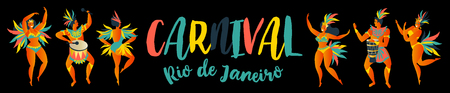 Banner of Brazilian samba dancers Rio de Janeiro. Vector carnival girls and man dancing.のイラスト素材
