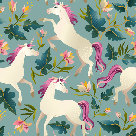 Hand drawn vintage Unicorn in magic forest seamless pattern. Vector illustration.