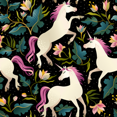 Seamless pattern with beautiful unicorns. Vector magic background for kids design.のイラスト素材