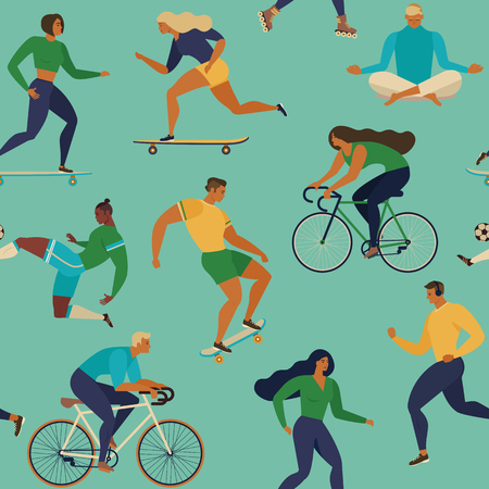 Vector seamless pattern with active young people and Healthy lifestyle like cycling, skateboarding and running.のイラスト素材