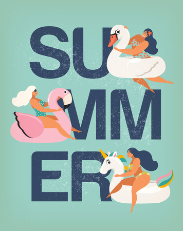 Vector Poster summer illustration card with girl swimming on animal float circle in ocean waves with calligraphy Summer party.のイラスト素材