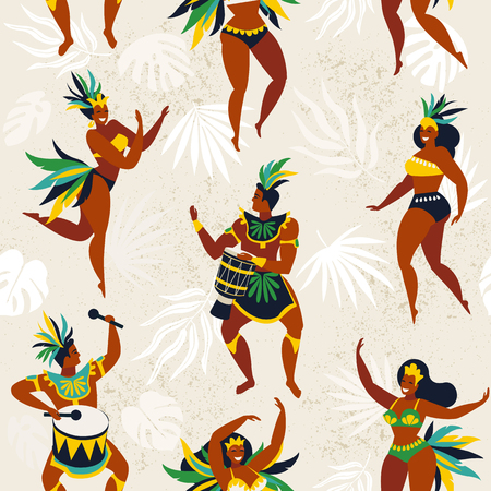 Brazil carnival. Vector seamless pattern with flat characters. Brazilian samba dancers of the carnival in Rio de Janeiro. Girls and boys in festive suits. Vector Illustration.のイラスト素材