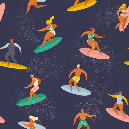 Surfing boys and girls on the surf boards catching waves in the sea. Summer beach Vector seamless pattern.のイラスト素材