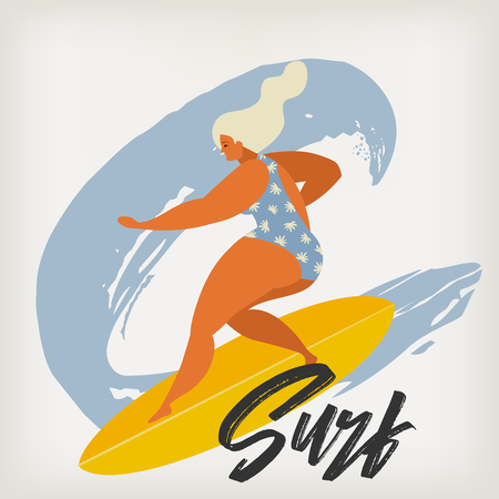 Surfing girl on the surf boards catching waves in the sea. Summer beach poster vector.のイラスト素材
