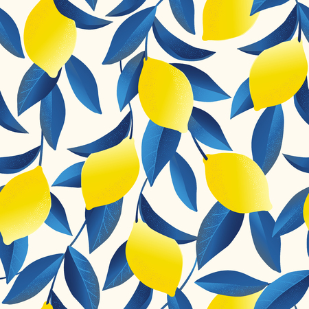 Tropical seamless pattern yellow lemons. Fruit repeated background. Vector bright print for fabric or wallpaper.のイラスト素材