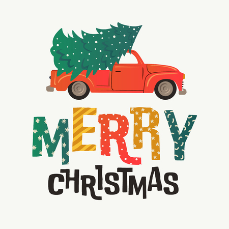 Christmas card. Red retro truck with a fir tree and gifts. Vector illustration.のイラスト素材