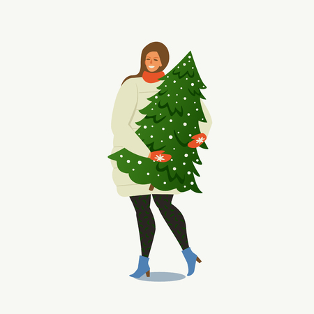 Lady Carrying a Christmas Tree Merry Christmas and Happy New Year. People are preparing for the new year.のイラスト素材
