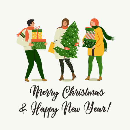 Christmas and Happy New Year people are preparing for holiday.のイラスト素材