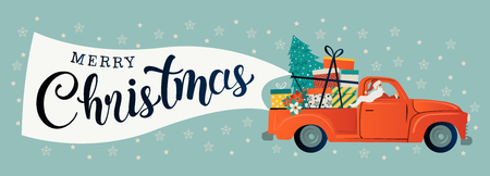 Merry christmas stylized typography. Vintage red car with santa claus christmas tree and gift boxes. Vector flat style illustration.のイラスト素材
