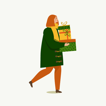 Person Carrying a Christmas boxes. Merry Christmas and Happy New Year. People are preparing for new year.のイラスト素材
