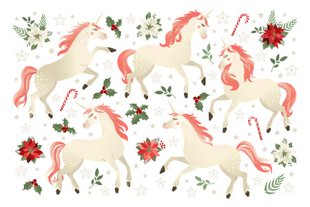 Christmas card with Unicorn, vector illustration on Poinsettia Flower backgroundのイラスト素材