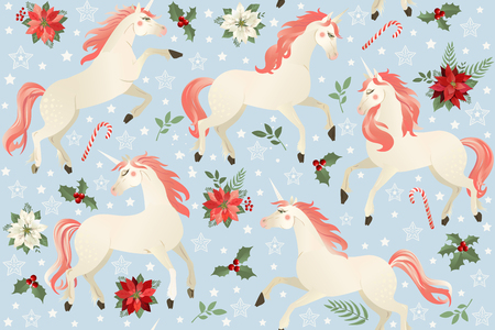 Unicorns on a Christmas floral background Seamless pattern.のイラスト素材