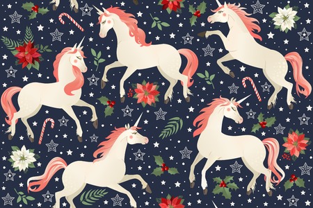 Unicorns on a Christmas floral background Seamless pattern.のイラスト素材