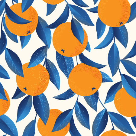 Tropical seamless pattern with oranges Fruit repeated background. Vector bright print for fabric or wallpaper.のイラスト素材