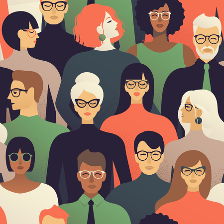Seamless pattern of many different people profile heads Vector background.のイラスト素材