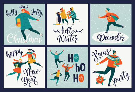 Collection of cute Merry Christmas and Happy New Year greeting cards. People skate on the rink holiday posters templates, postcard design. Vector illustration.のイラスト素材