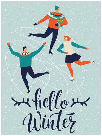People are skating together Hello winter. Vector illustration.のイラスト素材