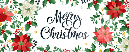 Merry Christmas design composition of poinsettia, fir branches, cones, holly and other plants. Cover, invitation, banner lateral greeting card. Vector illustration.のイラスト素材
