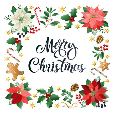 Christmas greeting card with Calligraphic Season Wishes and Composition of Festive Elements such Cookies, Candies, Berries, Christmas Tree Decorations, Pine Branches.のイラスト素材