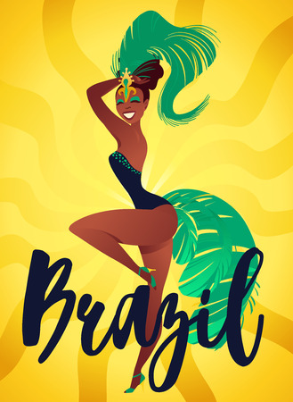 Brazilian samba posters. Carnival in Rio de Janeiro dancers wearing a festival costume is dancing. Vector illustration.のイラスト素材