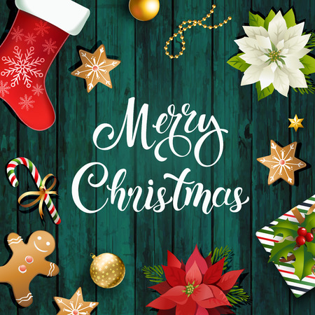Christmas sale design composition of poinsettia, fir branches, cones, gingerbread candy cane, holly and other plants. Cover, invitation, banner and greeting card.のイラスト素材