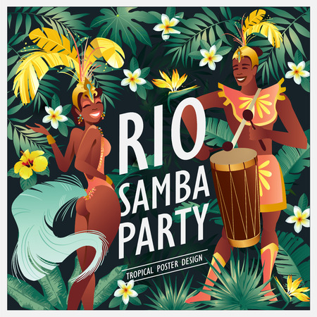 Brazilian samba dancer Carnival in Rio de Janeiro girls and guy wearing a festival costume is dancing. Vector illustration.のイラスト素材