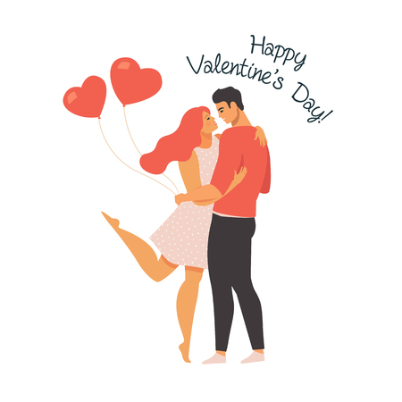 Valentines day vector illustration with young couple in love. Boyfriend and girlfriend smile and hug Cute lovers with heart shaped balloons.のイラスト素材