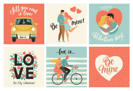 Collection of designs with cute loving couples. Valentines day card and other flyer templates with lettering. Typography poster, card, label, banner design set