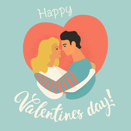 Cute boy and girl warmly cuddling and Be My Valentine on white background. Holiday vector illustration for Valentines day postcard, greeting card, party invitation.のイラスト素材