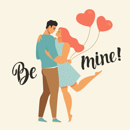 Valentines day vector illustration with young couple in love. Boyfriend and girlfriend smile and hug Cute lovers with heart shaped balloons.のイラスト素材