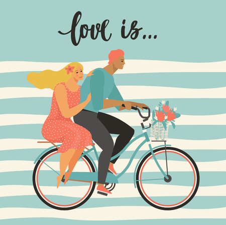 Happy couple is riding a bicycle together and happy valentines day Illustration vector of Love and Valentine Dayのイラスト素材