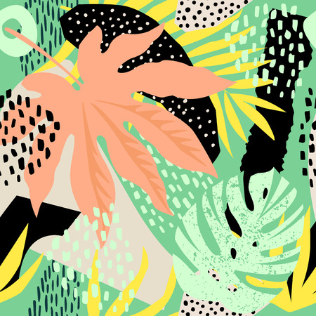 Abstract seamless pattern with tropical leaves. Hand draw texture Vector template.のイラスト素材