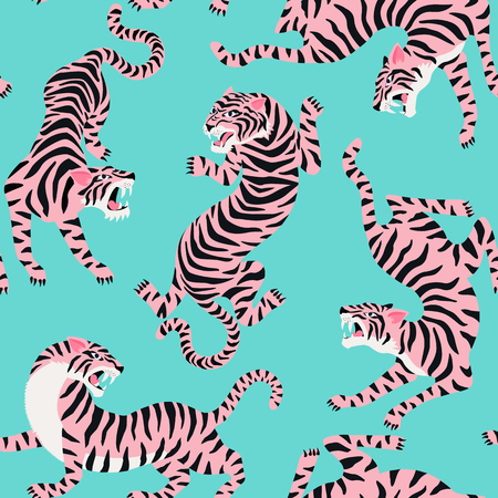Vector seamless pattern with cute tigers on background. Circus animal show Fashionable fabric design.のイラスト素材