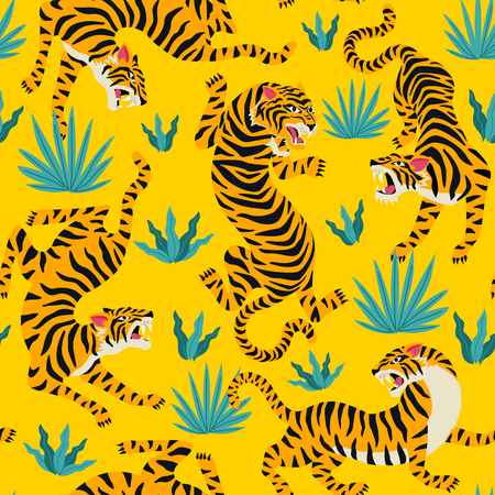 Vector seamless pattern with cute tigers on background. Circus animal show Fashionable fabric design.のイラスト素材