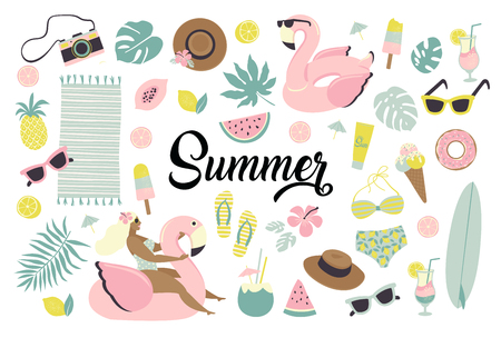 Set of cute summer icons food, drinks, ice cream, fruits, sunglasses, palm leaves and flamingo inflatable swimming pool ring. Summertime collection of scrapbooking elements for beach party.のイラスト素材
