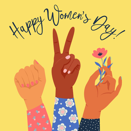 Womens hand with her fist raised up. Girl Power. Feminism concept. Realistic style vector illustration in pink pastel goth colors isolated on white. Sticker, patch graphic design.のイラスト素材