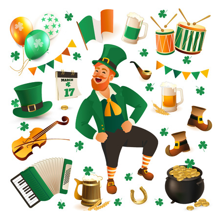 Set of illustrations for celebrating St. Patricks Day. Leprechaun, hat, pot of gold clover and flag.のイラスト素材