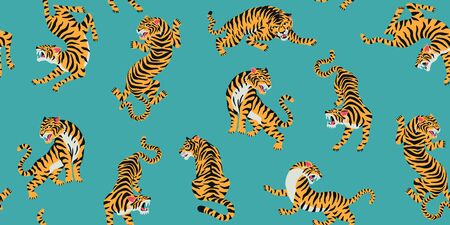Vector seamless pattern with cute tigers on background. Fashionable fabric design.のイラスト素材
