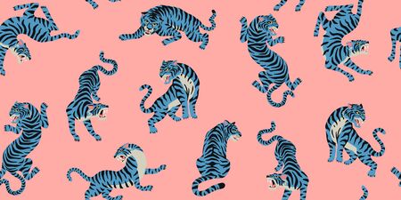 Vector seamless pattern with cute tigers on the pink background. Fashionable fabric design.のイラスト素材
