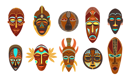 Flat set of colorful african ethnic tribal ritual masks of different shape isolated on white background vector illustration.のイラスト素材