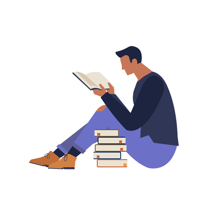 book festival poster concept of a character reading a book and books piled up vector illustration flat design.のイラスト素材
