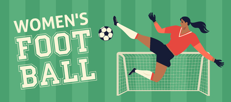 Womens European football, soccer player flat vector illustration young woman wearing european football player equipment kicking soccer ball on background of green football fieldのイラスト素材