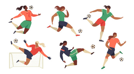 Womens Football soccer players cheerleaders fans set of isolated human figures with merch marks of favourite team vector illustrationのイラスト素材